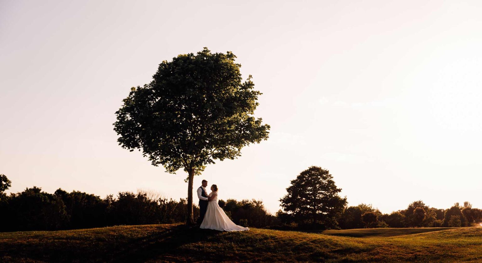 Bride and Groom embracing under an old oak tree